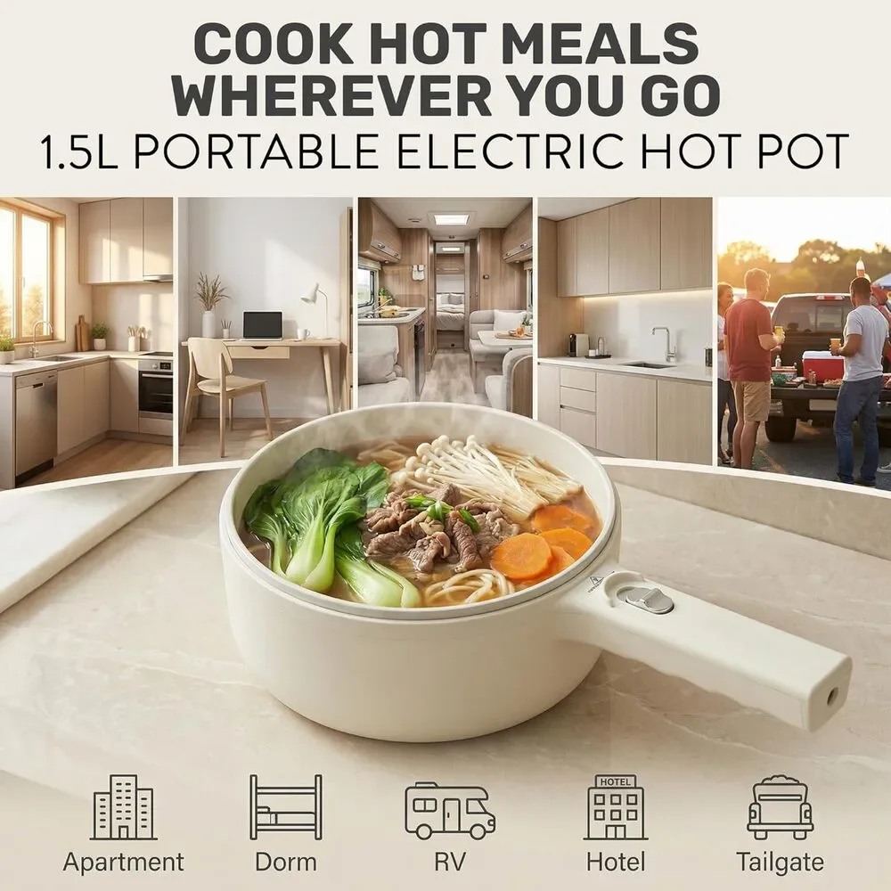 CERAMAX PRO Electric Hot Pot with Lid & Steamer, 1.5L Non Toxic Ceramic Skillet